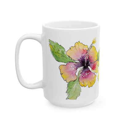 Hibiscus Watercolor Ceramic Mug – Tropical Floral Coffee Cup (11oz & 15oz)