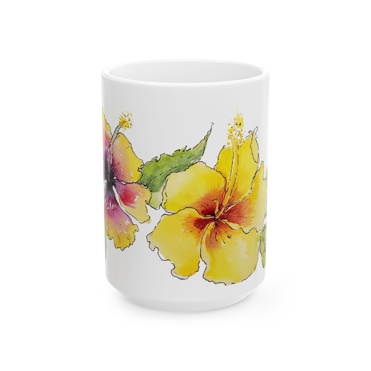 Hibiscus Watercolor Ceramic Mug – Tropical Floral Coffee Cup (11oz & 15oz)