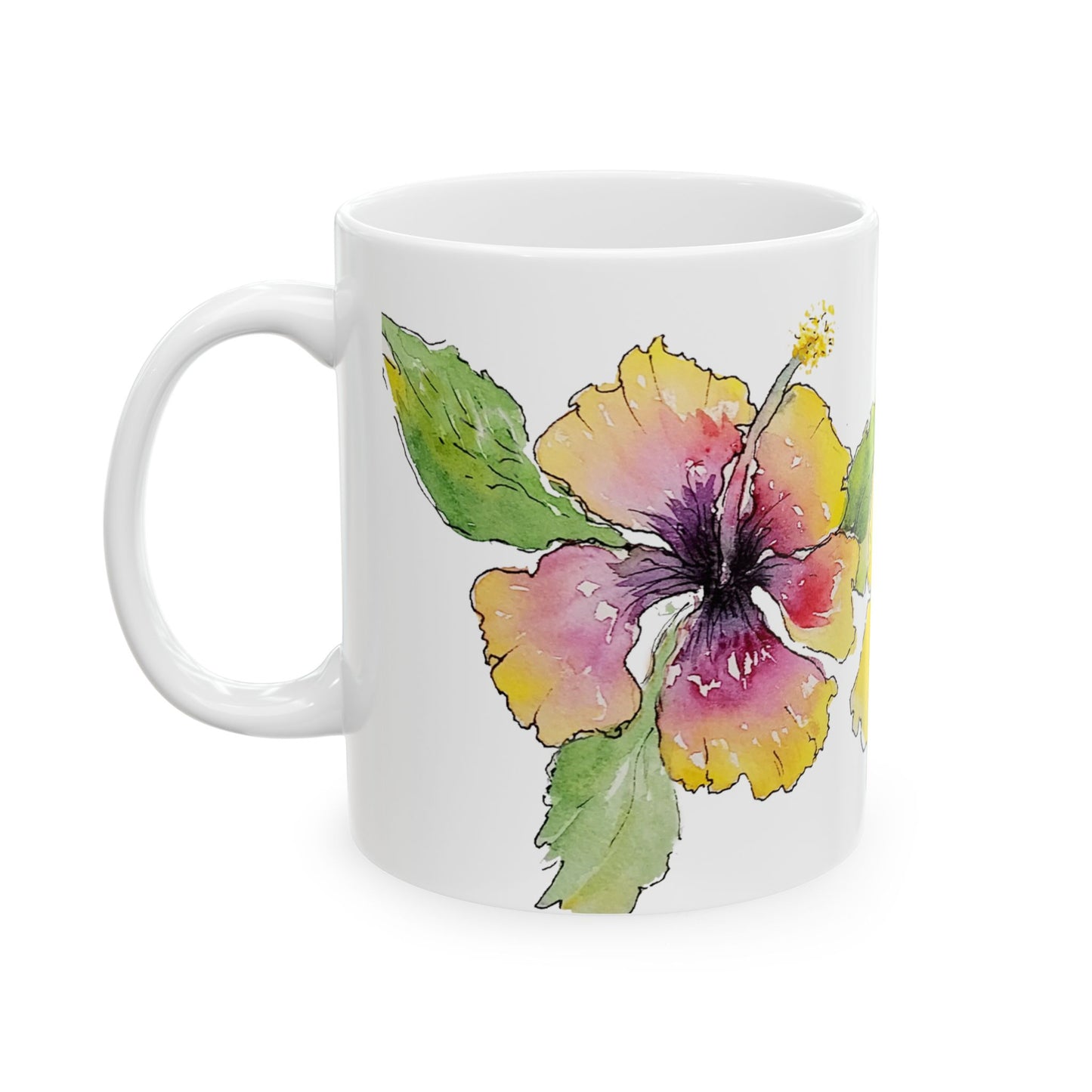 Hibiscus Watercolor Ceramic Mug – Tropical Floral Coffee Cup (11oz & 15oz)