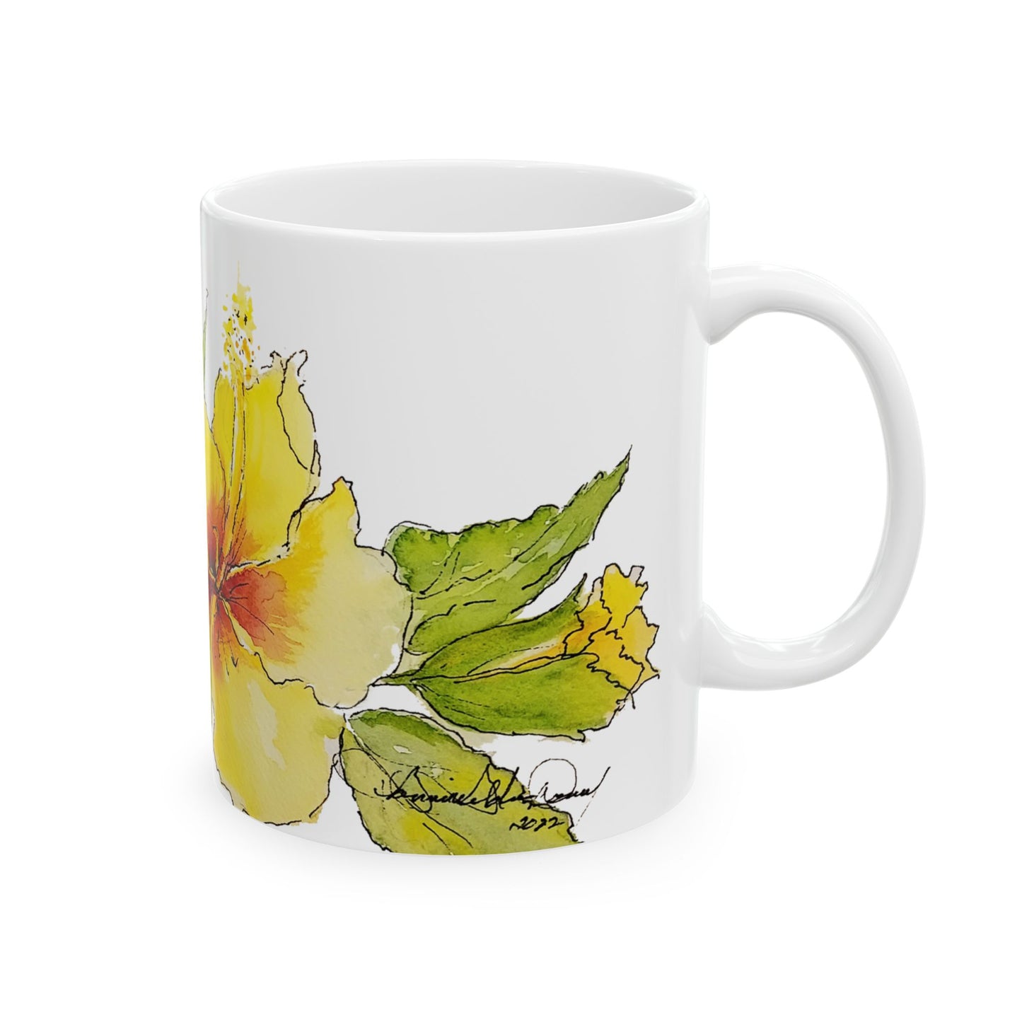 Hibiscus Watercolor Ceramic Mug – Tropical Floral Coffee Cup (11oz & 15oz)